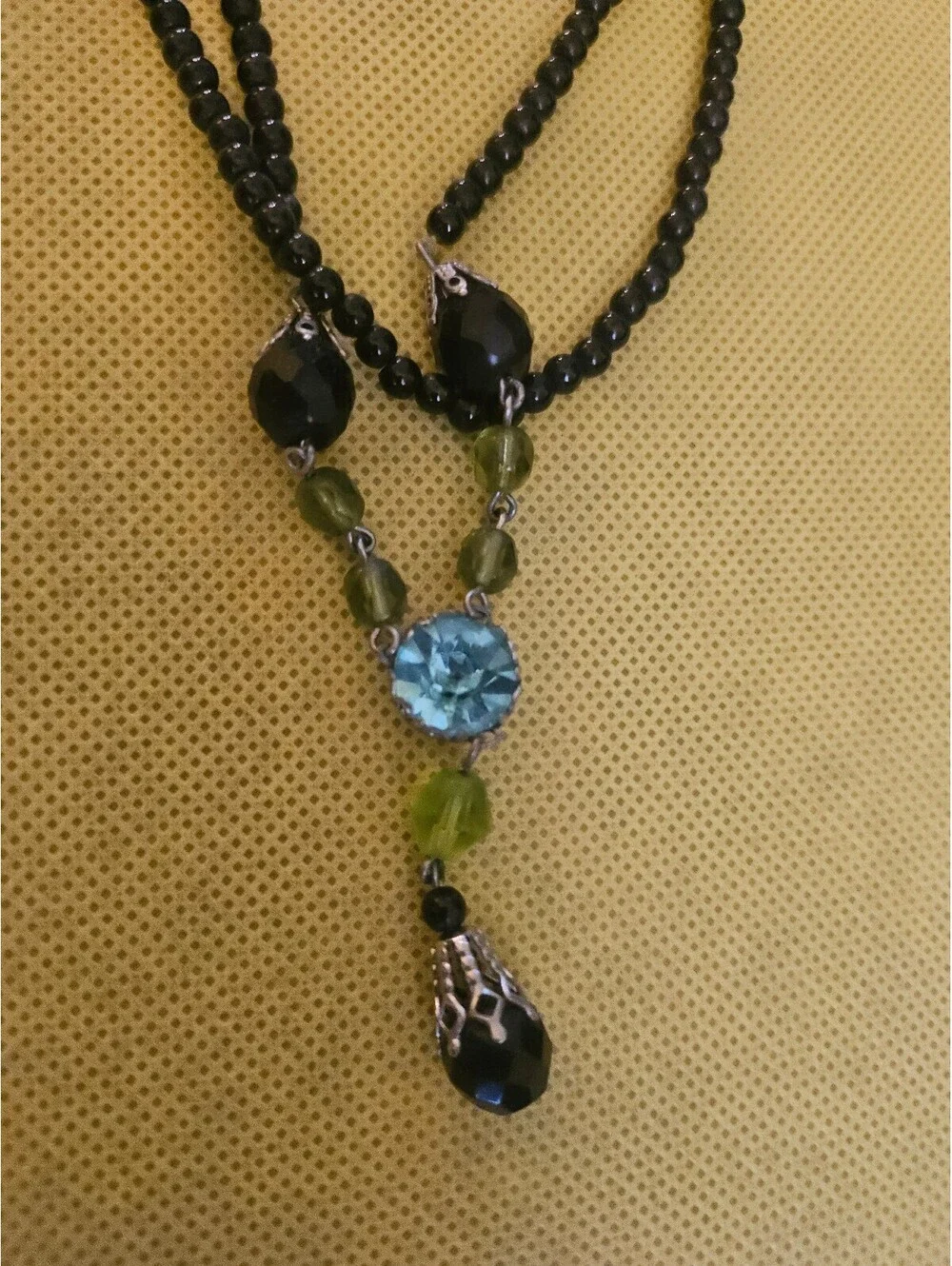 Double layer Necklace with black beads dandle stone VTG- unknown origin as shown